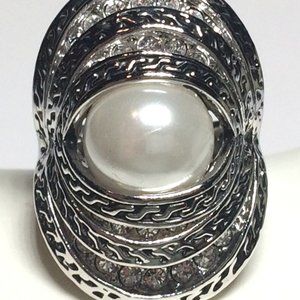 Pearl Cocktail Ring Size 6 Art Deco Statement Vintage Style Silver RhodiumPlated